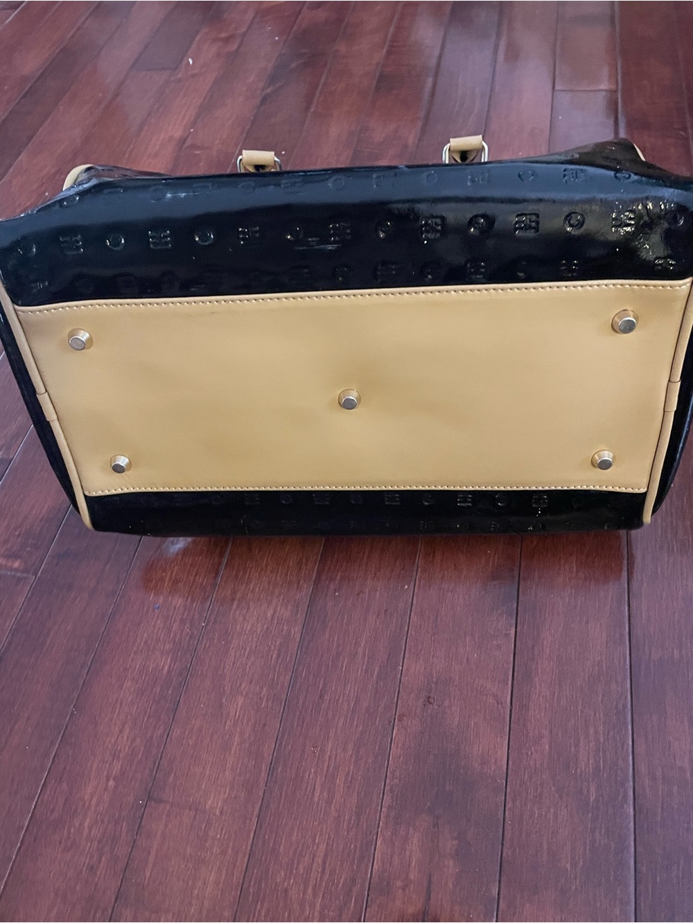 Acadia Black Patent Leather Satchel Bag with Tan Leather Trim and Handles- EUC - Picture 4 of 6